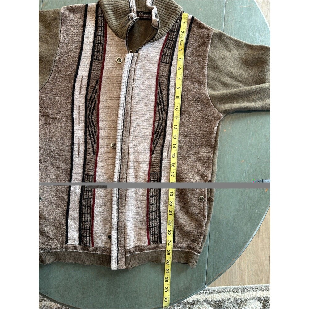 Vtg Domex Geometric Knit Full Zip Sweater Jacket Mock Neck Brown Olive Size 40 - Picture 6 of 8